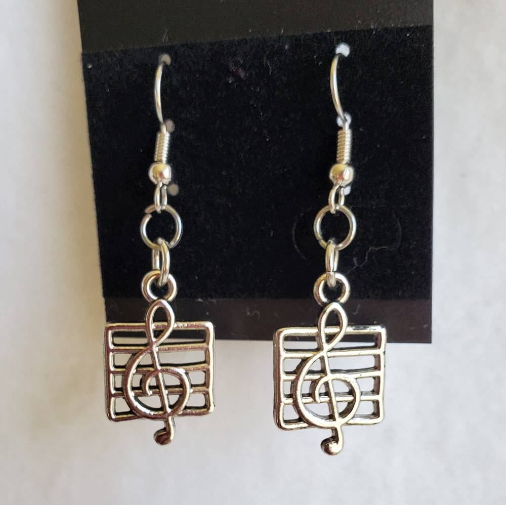 Womens treble clef silver hook earrings